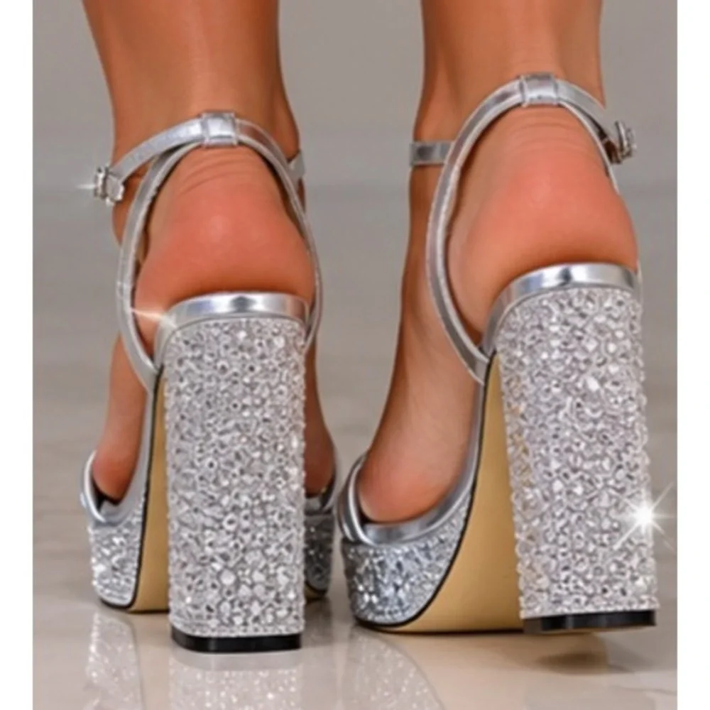 Michael Kors Silver Metallic Rhinestone Platform Block Heel Sandals Womens 9M